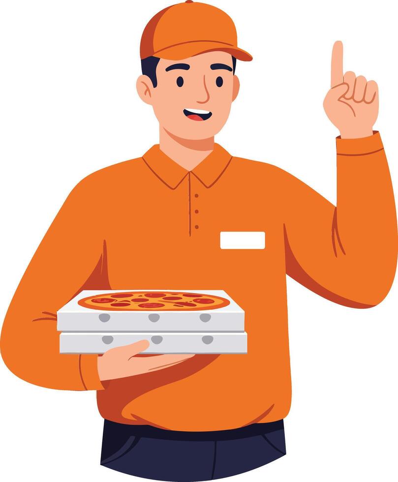 Cheerful pizza delivery man in orange uniform holding pizza box with a friendly gesture in flat art vector