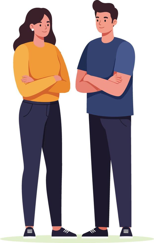 Two young adults standing confidently with arms crossed in a casual flat style illustration vector