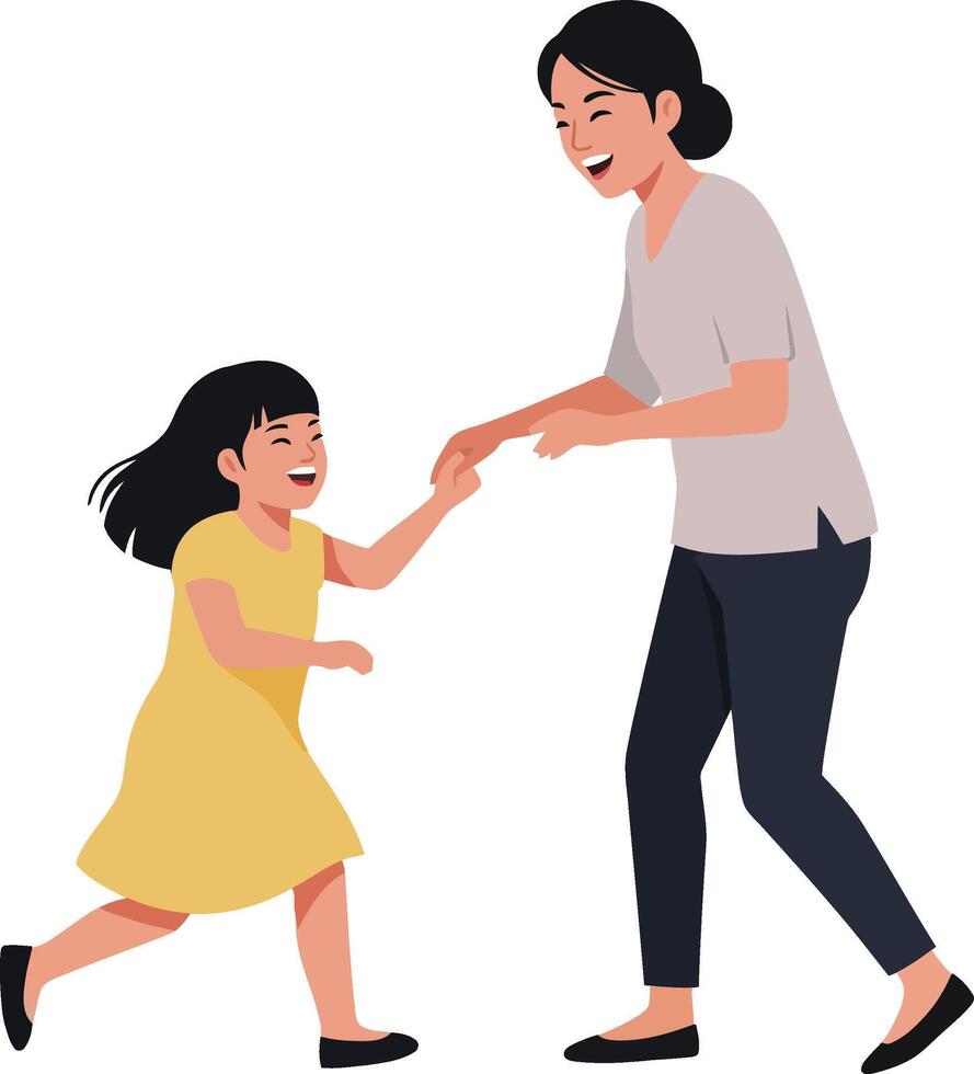 A joyful mother and daughter playing together in a bright, flat-style illustration showcasing love and connection through playful interaction and laughter vector