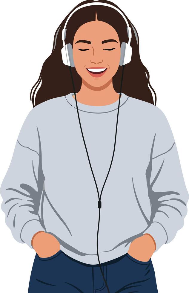 Young woman smiling while wearing headphones and a casual grey sweatshirt in a flat illustration vector