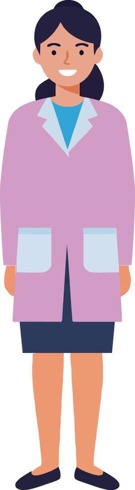 Friendly woman wearing a pink lab coat and black skirt standing confidently in a flat design illustration vector