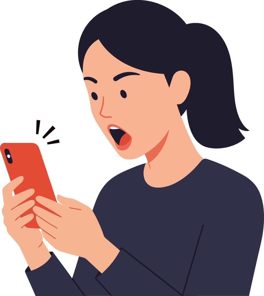 Engaged young woman with long dark hair, surprised expression, holding a smartphone in a minimal flat design style, showcasing excitement in vibrant art vector