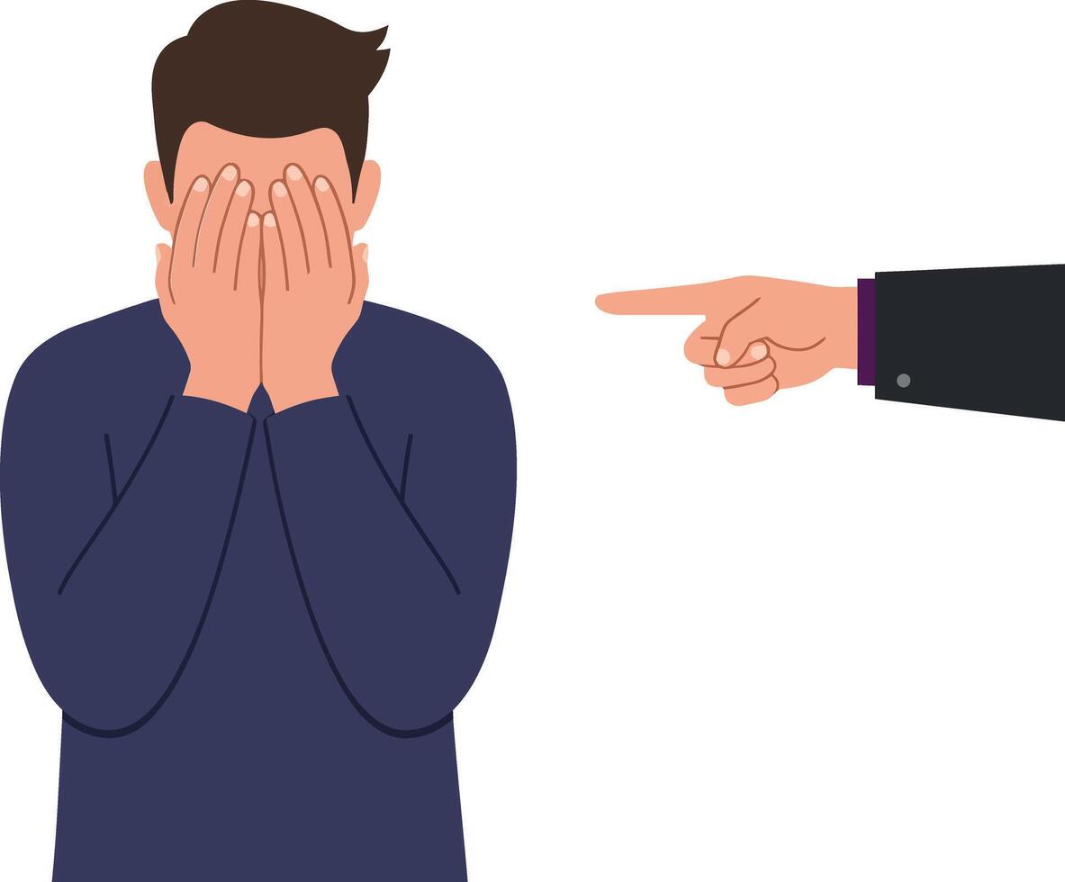 A distressed man hiding his face with hands while receiving criticism from a pointing hand in a minimal illustration vector