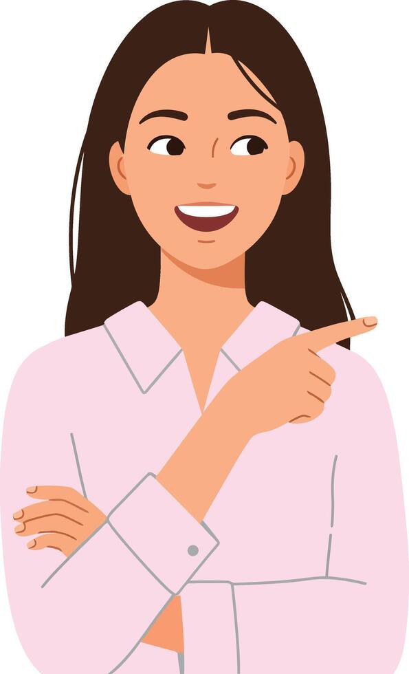 Cheerful woman with long hair pointing and smiling, wearing a light pink shirt in a flat illustration vector