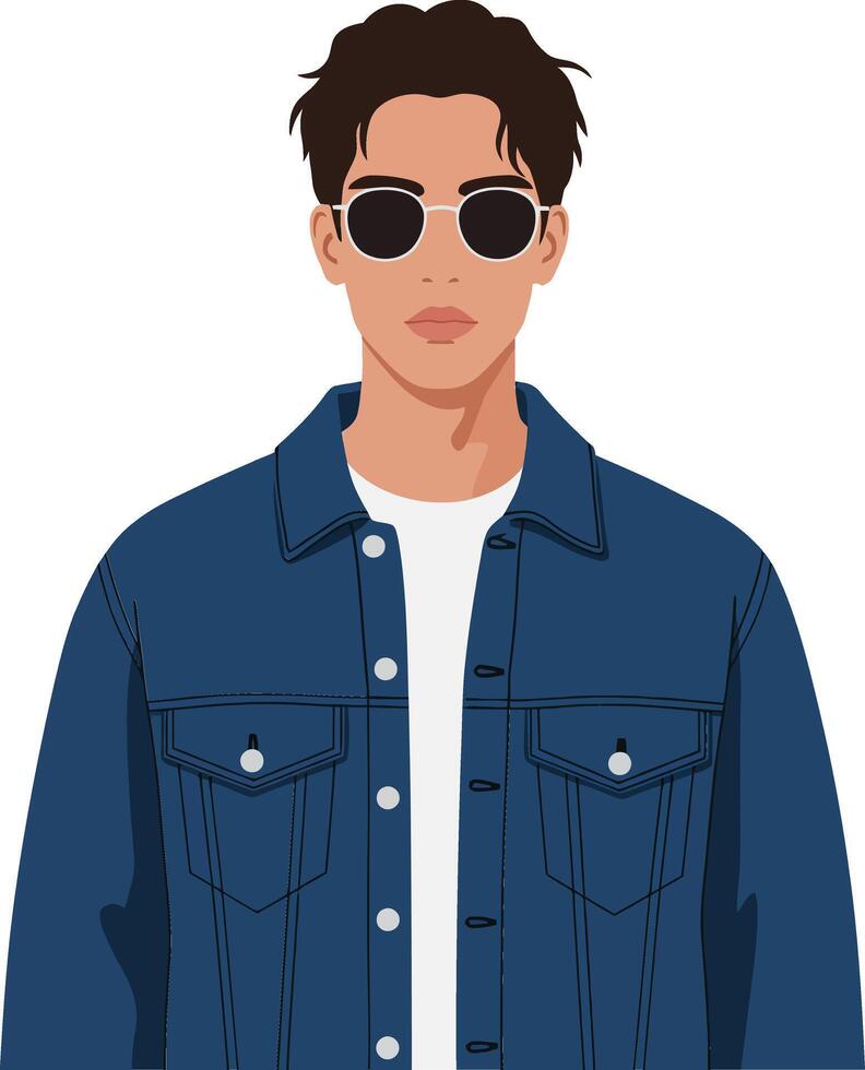 Confident young man wearing sunglasses and a blue denim jacket, illustrated in a minimal flat design style, showcasing casual fashion in art vector