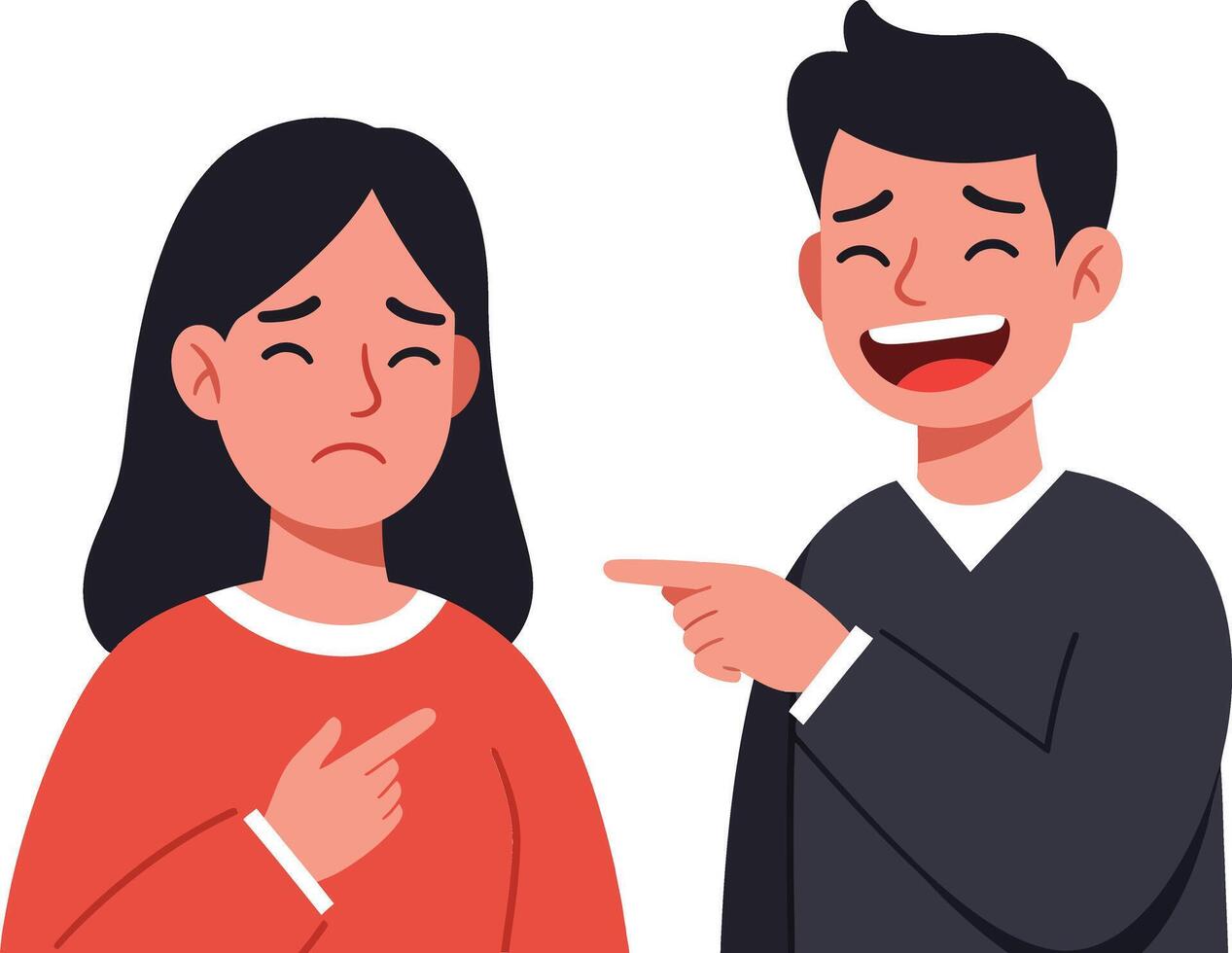 Two characters in a flat design style, one smiling and pointing at the other, conveying contrasting emotions in a humorous illustration vector