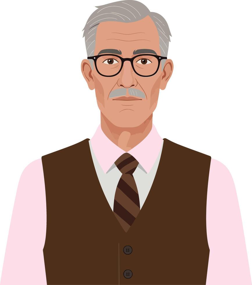 Mature man with glasses and gray hair wearing a vest and tie in a minimal flat illustration vector