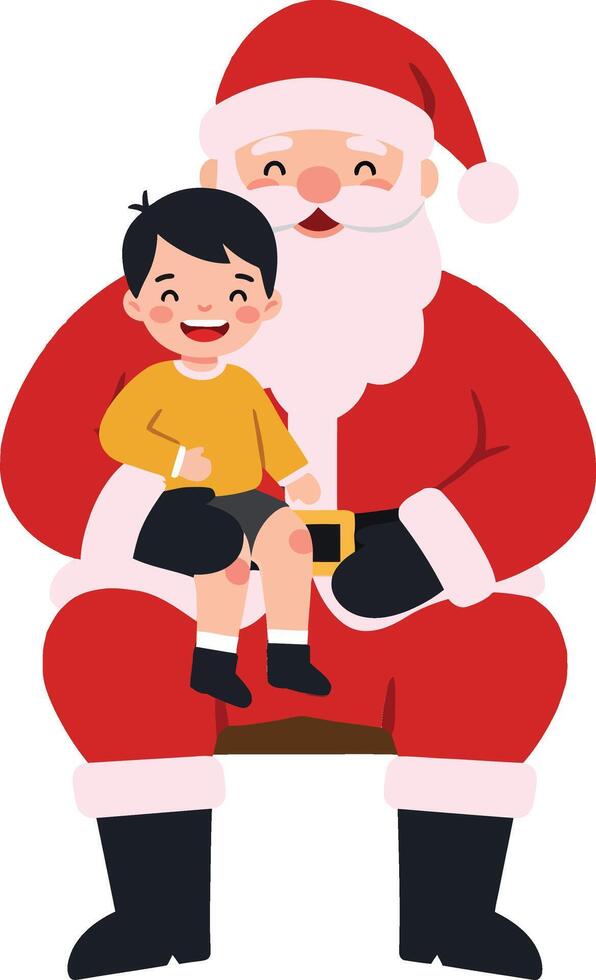 Cheerful Santa Claus holding a joyful child in a flat illustration, capturing the warmth and magic of the holiday season in a playful scene. vector