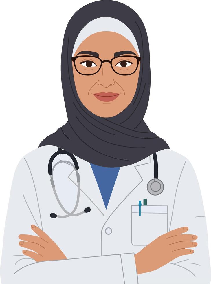 Confident female doctor wearing glasses and a hijab in a white coat with stethoscope, flat illustration vector