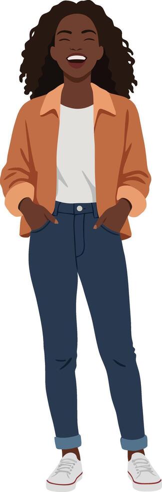 A cheerful young woman with curly hair wearing an orange jacket and blue jeans in a flat illustration vector