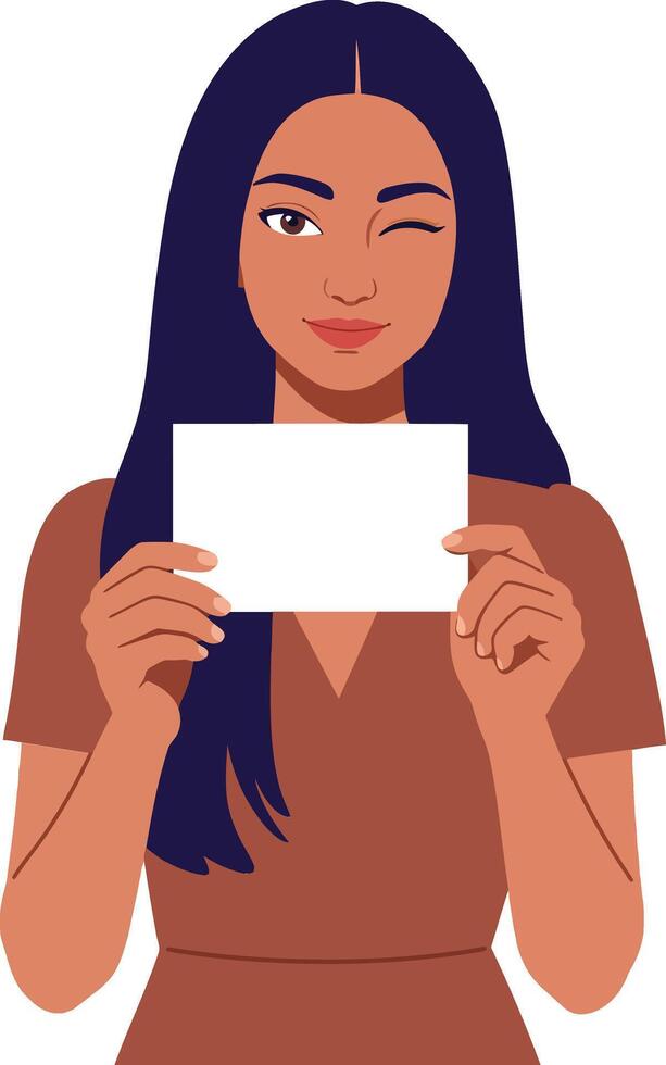 Young woman with long dark hair playfully winking while holding a blank card in a minimal flat illustration vector