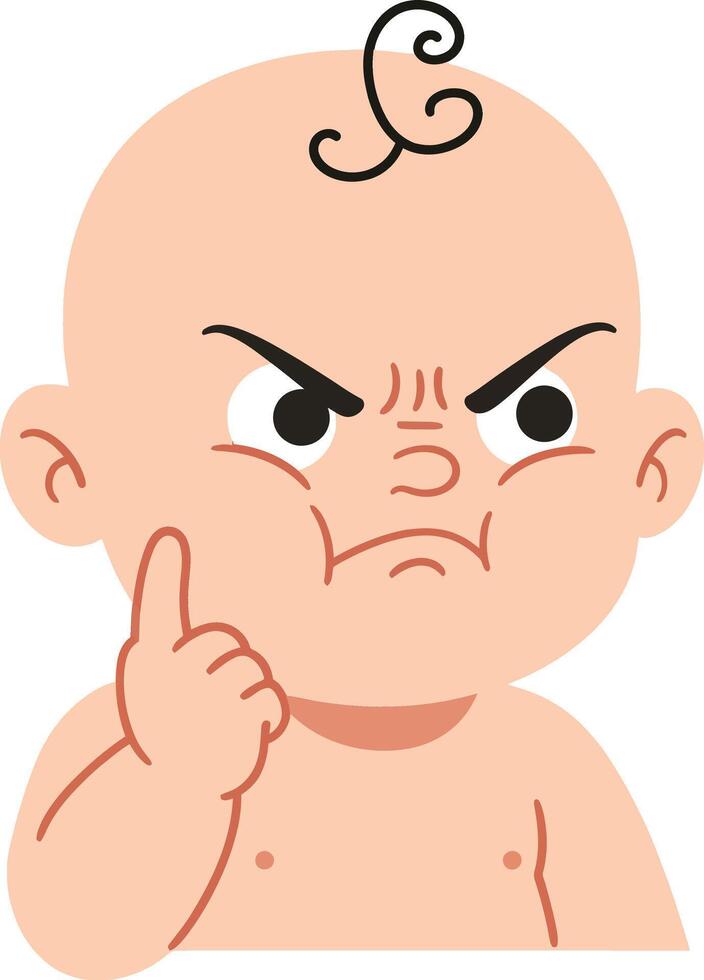 Angry baby with furrowed brow and thoughtful expression in flat art style showcasing determination and curiosity in a playful mood vector