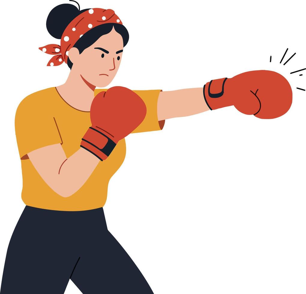 Confident woman wearing boxing gloves and a headband in a flat, minimal style, showcasing strength and determination in art vector