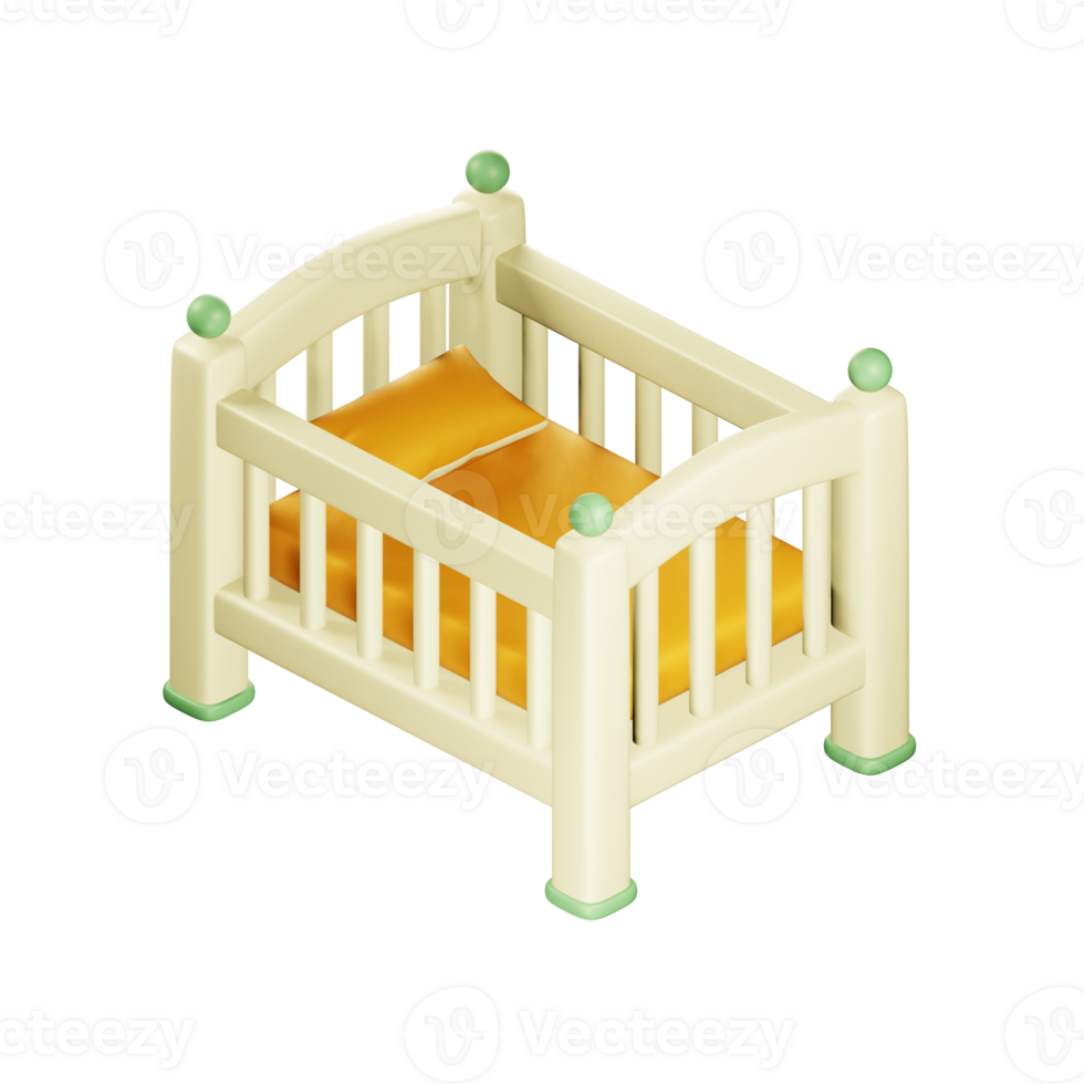 Wooden crib with mattress and pillow 3d illustration. 3d rendering png