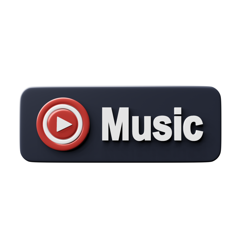 3D realistic YouTube Music logo. 3D play button to launch media player, , audio playback concept. Social Media. 3D rendering png