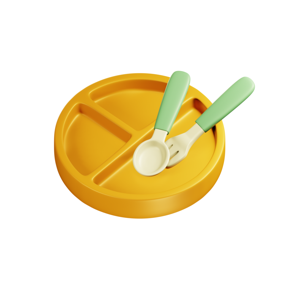 Baby cutlery 3d icon. Cutlery for a child. Fork, spoon and plate. 3d rendering png