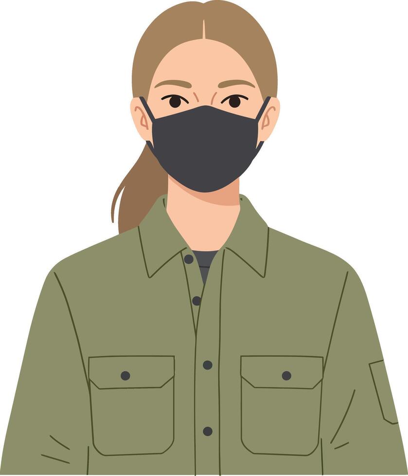 Woman wearing a black mask and green shirt in a flat illustration showcasing a modern, minimalist style with a neutral expression and casual attire vector