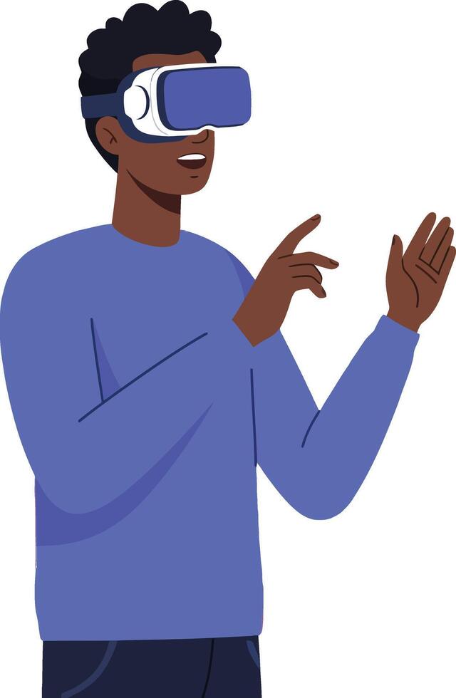 A young man wearing a virtual reality headset gestures excitedly while exploring a digital world in a flat art style vector