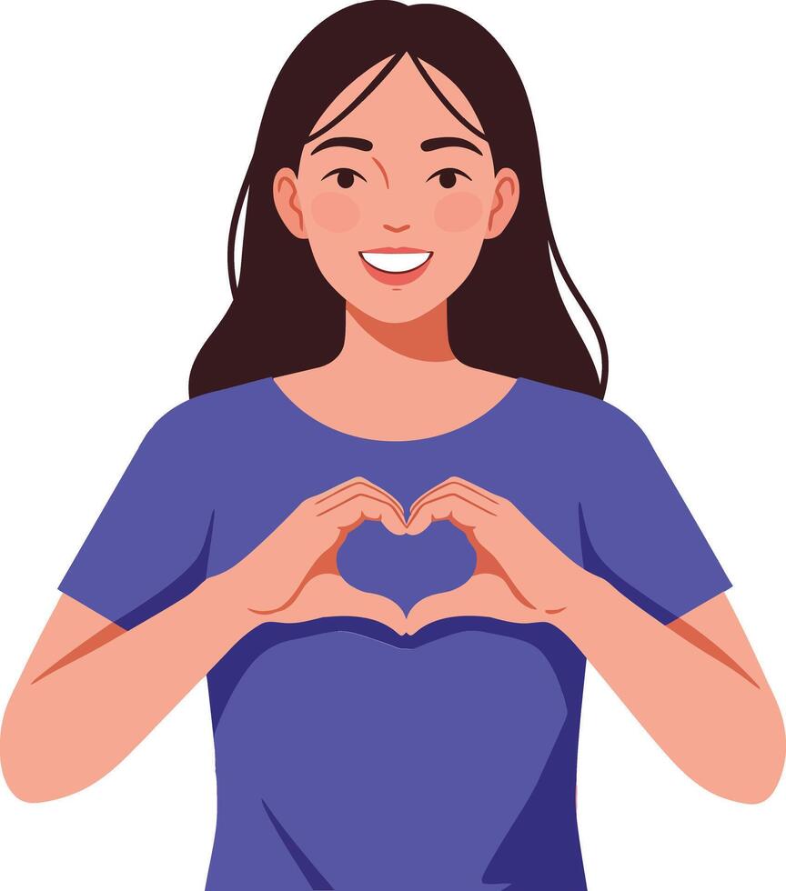 Smiling woman with long dark hair making a heart shape with her hands in a minimal and cheerful illustration vector