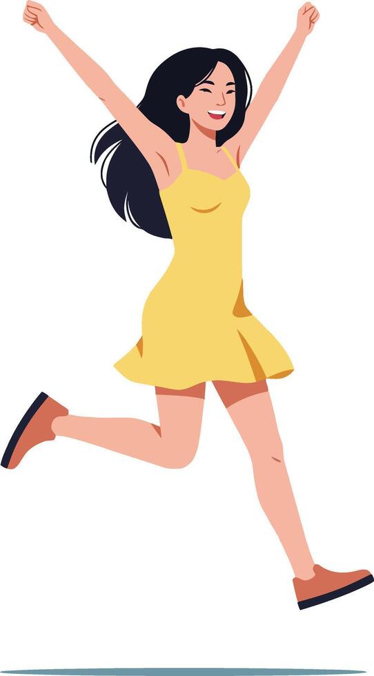 Joyful young woman in a yellow dress running with arms raised in a flat illustration celebrating freedom and happiness vector