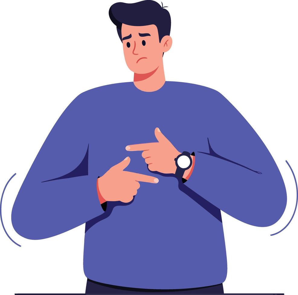 Young man with dark hair wearing a blue sweater gestures towards his wristwatch in a flat illustration vector