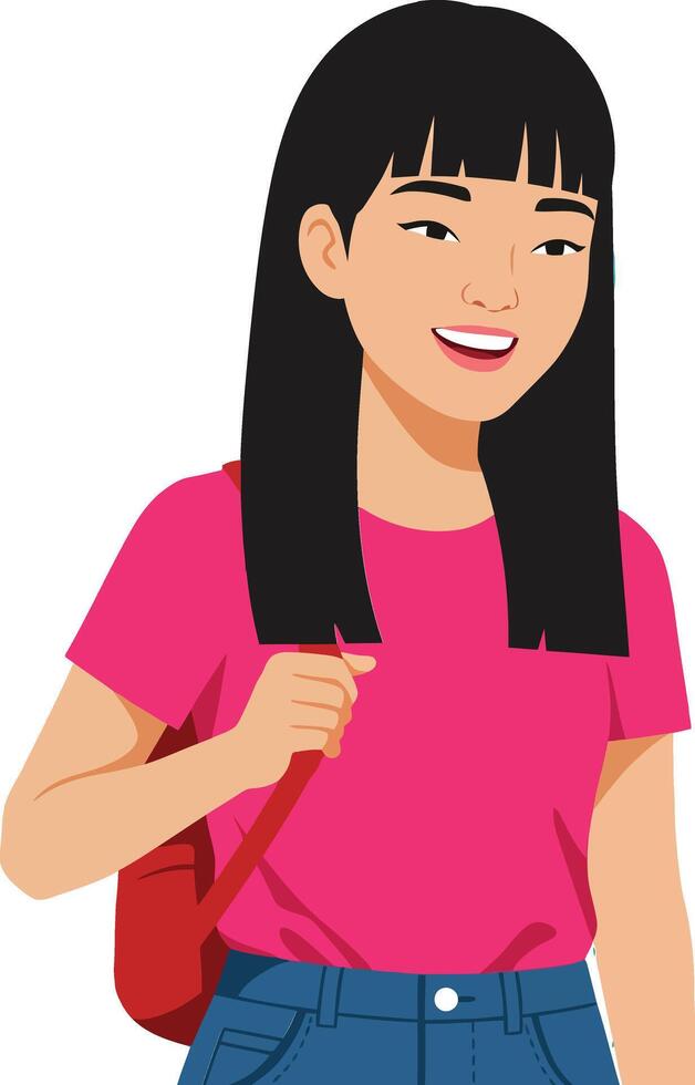 Cheerful young girl with long black hair wearing a pink t-shirt and blue jeans in a minimal illustration vector