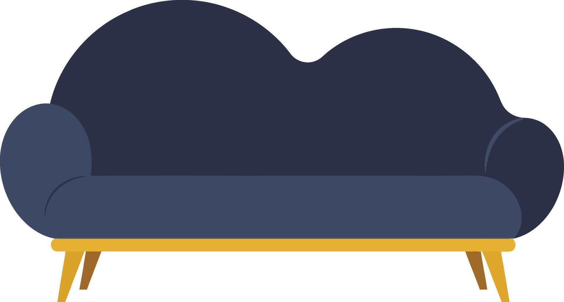 Stylish dark blue cloud-shaped sofa with wooden legs in a minimalistic design surrounded by a clean white background illustration vector