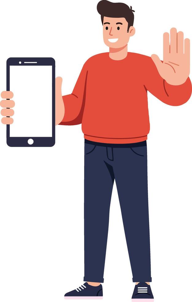 Young man in casual wear smiling and waving while holding a smartphone in a friendly, flat illustration vector