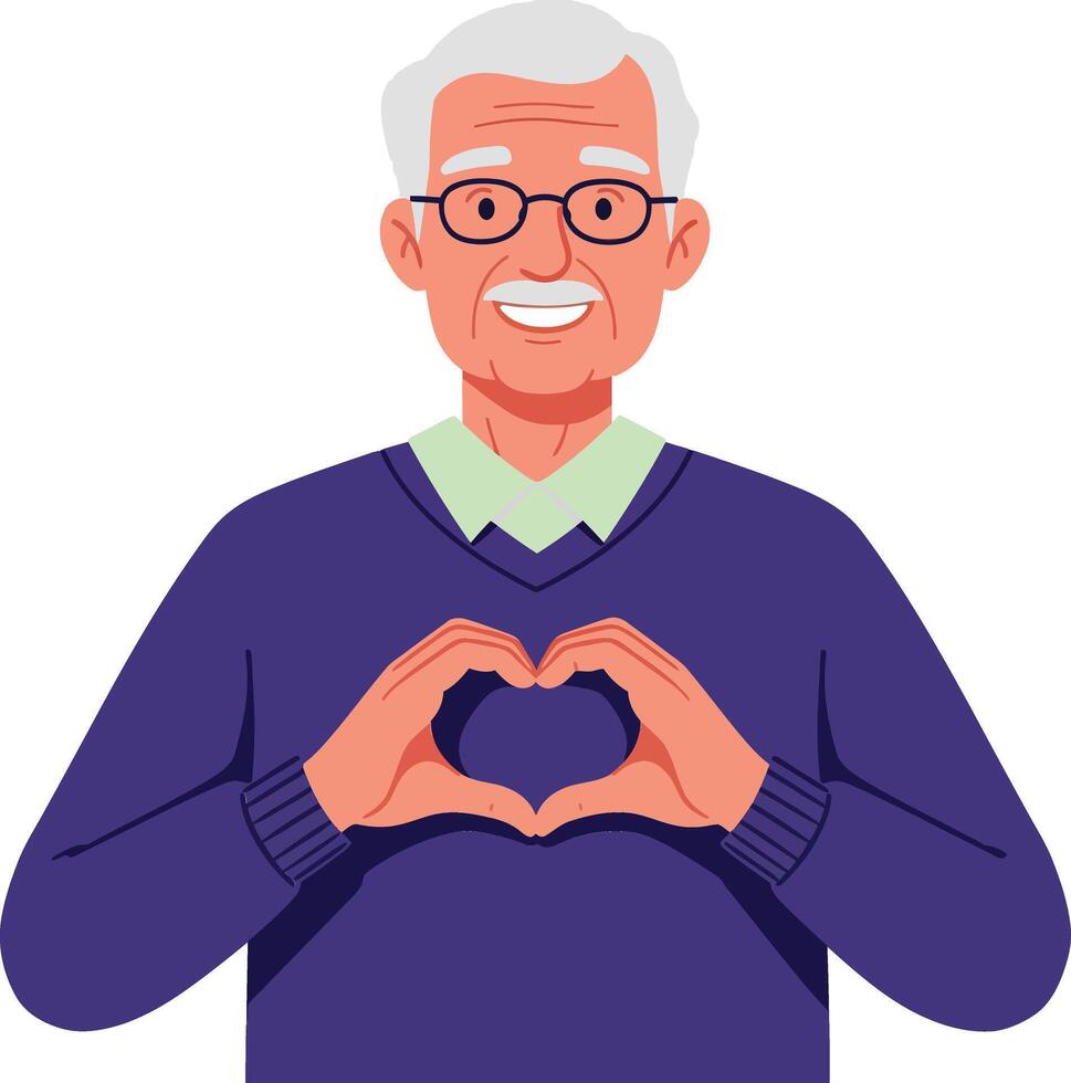 A cheerful elderly man making a heart shape with his hands in a flat illustration showcasing warmth and affection vector