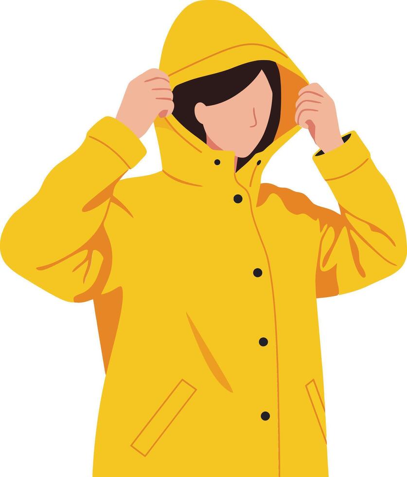 A person adjusting the hood of a bright yellow raincoat in a minimal flat design illustration vector