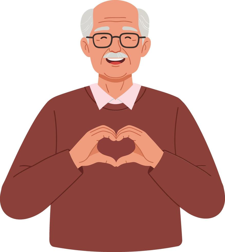 Elderly man in a brown sweater making a heart shape with his hands in a flat illustration vector