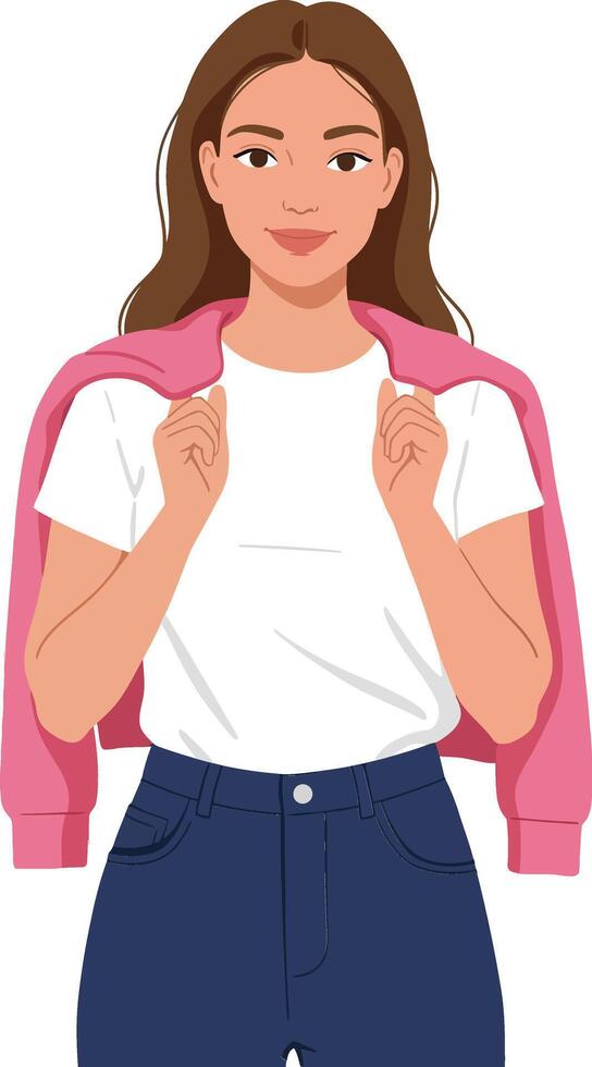Young woman with brown hair wearing a white shirt and blue jeans, casually holding a pink jacket, flat art vector