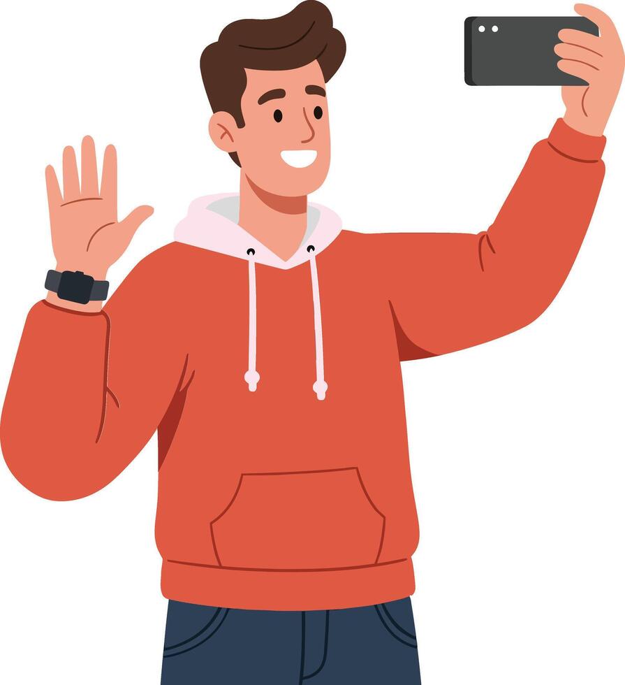 A young man in a red hoodie happily taking a selfie in a cheerful, minimal illustration style, capturing a moment of joy and connection in art vector