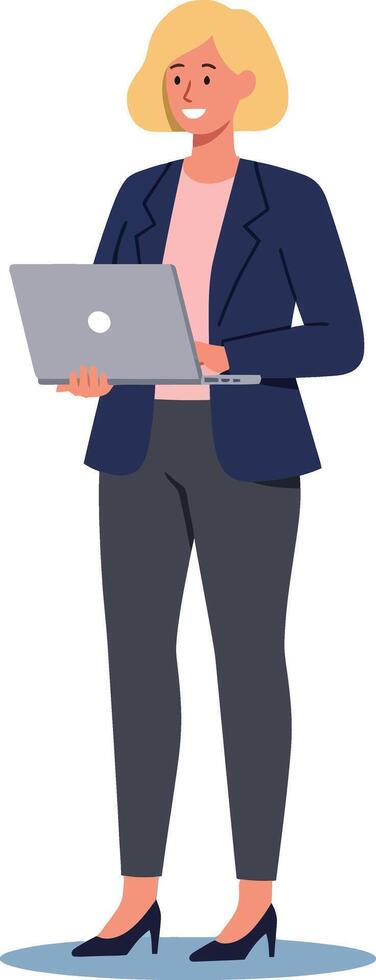 Confident businesswoman in a blazer holding a laptop, standing upright with a smile, in a modern flat illustration vector