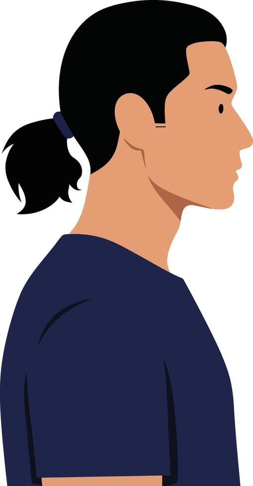 Male character in profile view with a ponytail wearing a navy blue shirt designed in a flat, minimal illustration vector