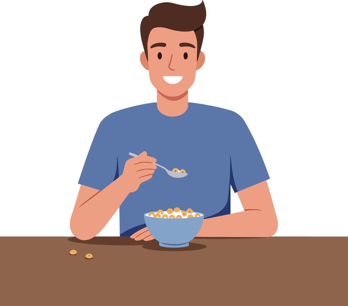 A smiling young man enjoying breakfast cereal in a blue bowl, in a minimal flat design illustration vector
