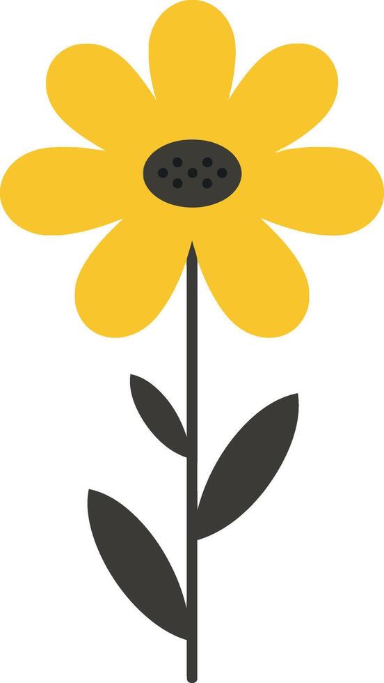 Bright yellow flower with rounded petals and green leaves in a minimal style, showcasing simplicity and vibrancy in illustration vector