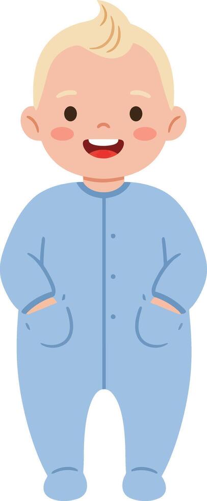 Cheerful baby boy in blue onesie with a joyful expression, flat design art vector