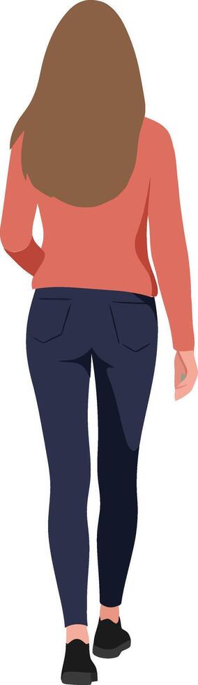 Woman walking away in casual attire with long hair, minimalistic style, showcasing a relaxed atmosphere in art vector