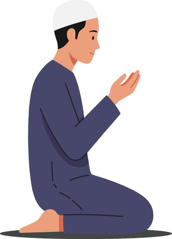 A young man in traditional attire kneeling in prayer, showcasing a minimalistic design, conveying spirituality and peace in illustration vector