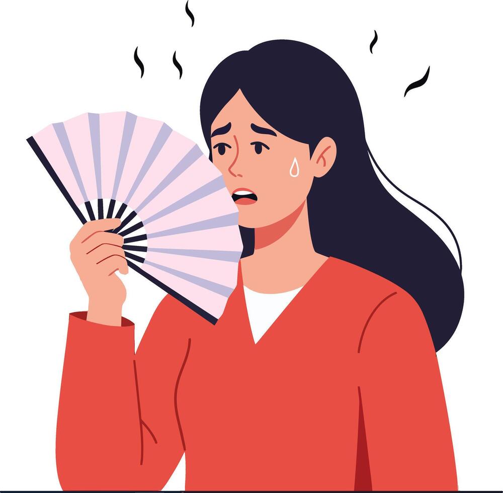 A woman fanning herself with a pink hand fan in a minimal illustration, showcasing discomfort on a warm day with subtle expressions of distress and anxiety vector