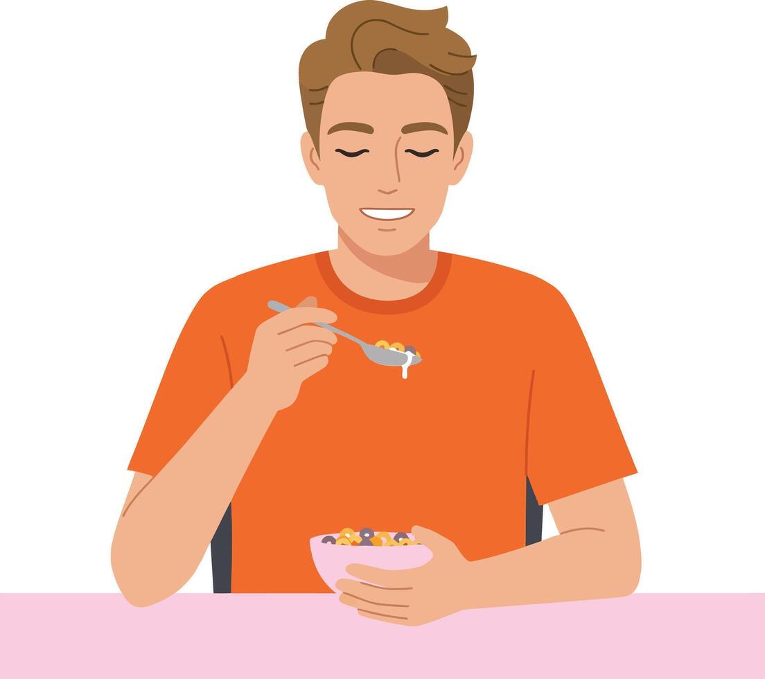 Young man enjoying a colorful bowl of cereal in a minimal style illustration with a cheerful atmosphere and bright colors vector