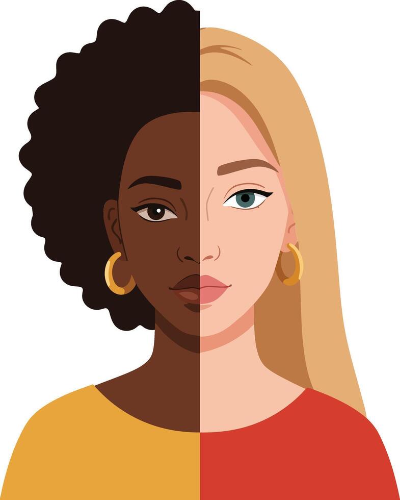 Two women with distinct hairstyles and skin tones in a flat design showcasing diversity and unity in art vector