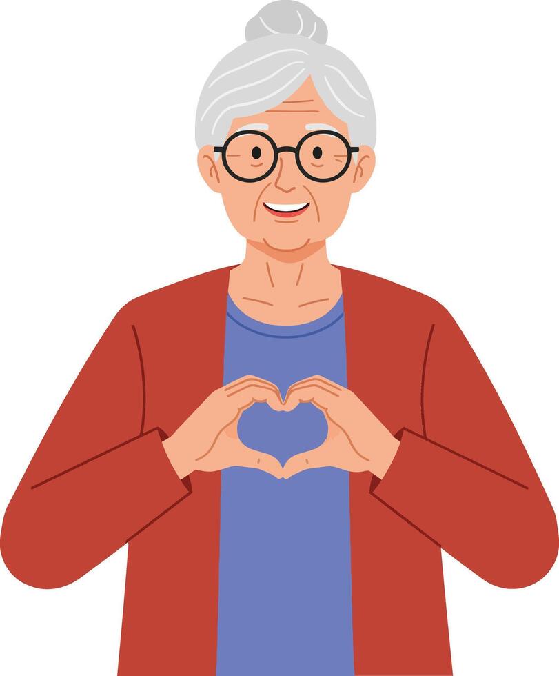 Cheerful elderly woman with glasses forming a heart shape with her hands, in a flat illustration style, expressing love and warmth vector
