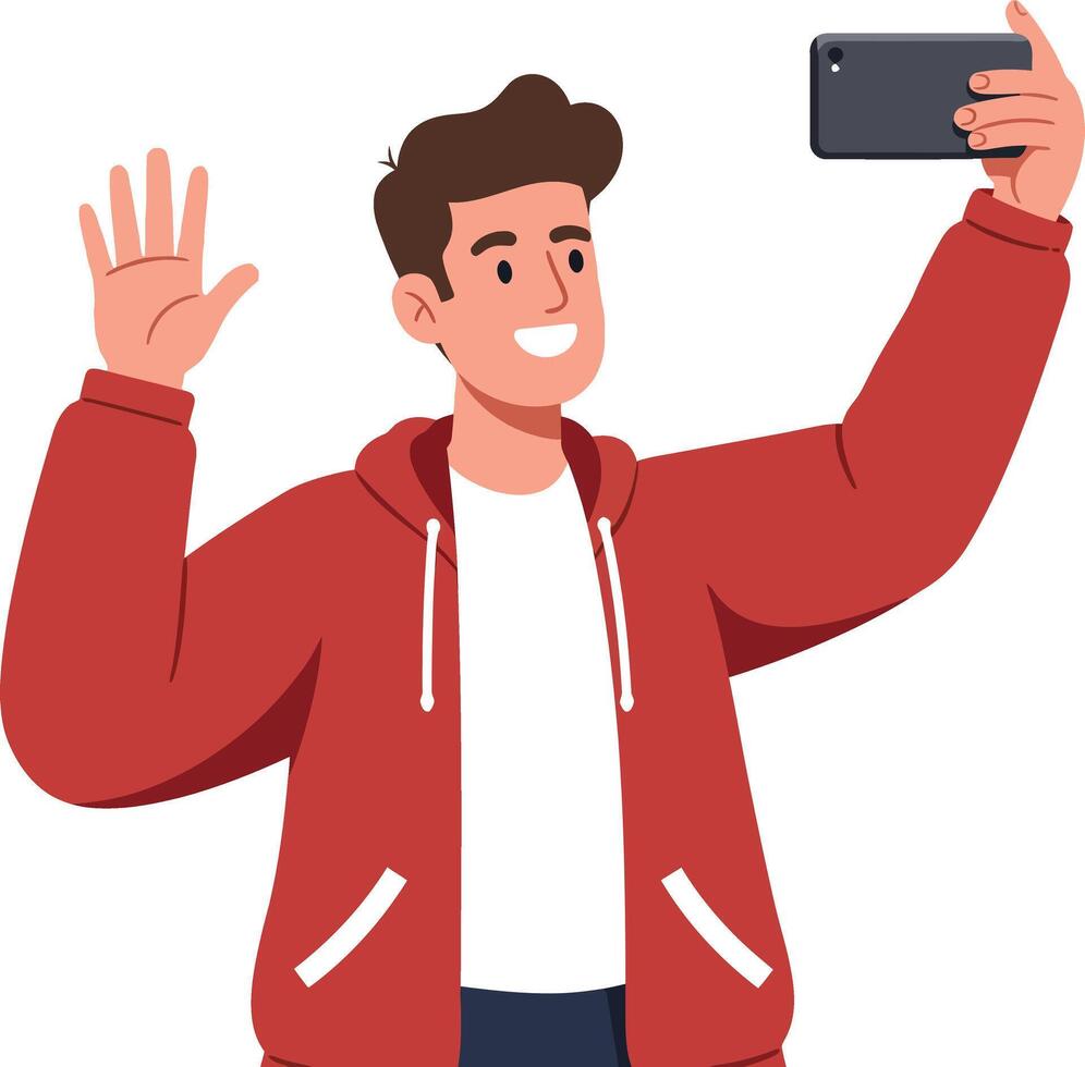 Young man in a red hoodie happily taking a selfie with a smartphone in a cheerful, minimal illustration vector
