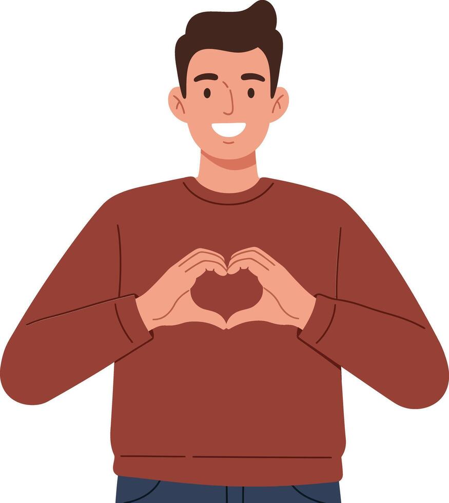 A cheerful young man in a brown sweater making a heart shape with his hands, in a flat design style, illustration vector