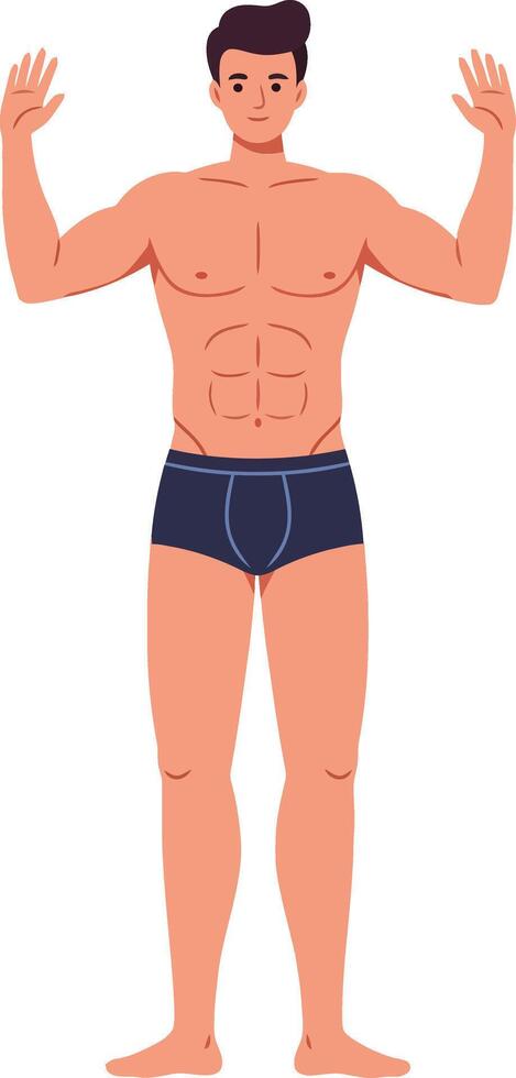 Athletic man with muscular build standing confidently in minimal flat style illustration, showcasing strength and vitality with a relaxed demeanor and open posture. vector
