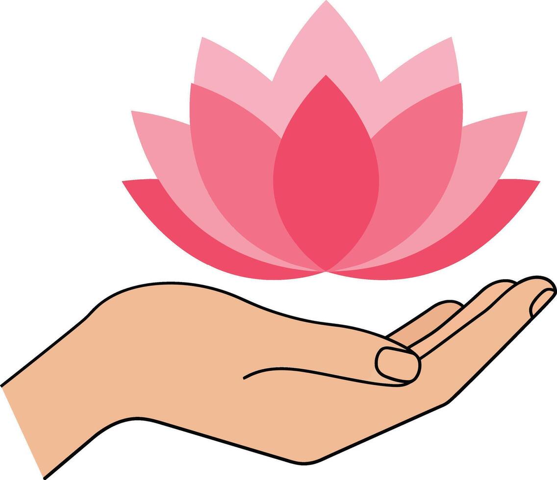 A gentle hand cradling a vibrant pink lotus flower in a minimal flat design illustration vector