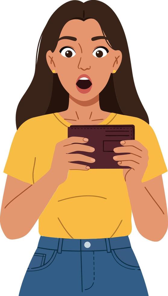 Surprised young woman in a yellow shirt holding a wallet with an astonished expression in flat art vector