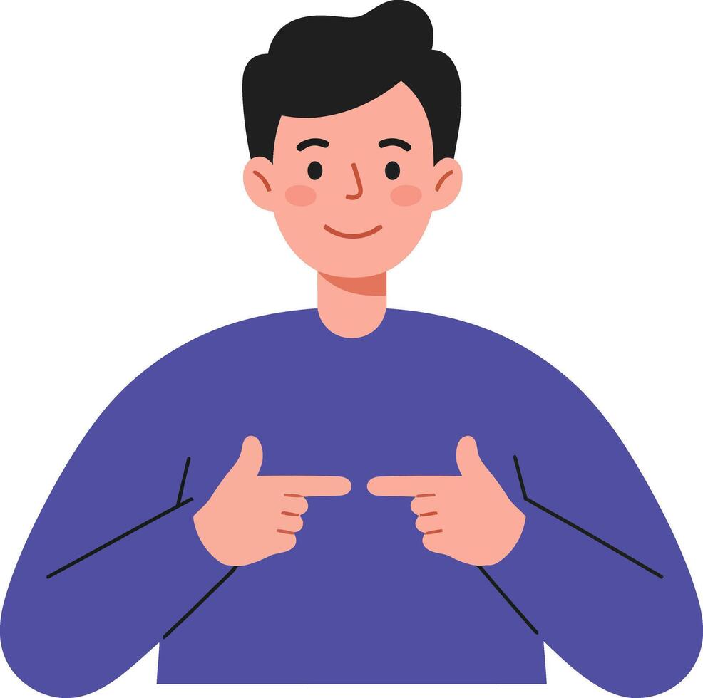 Smiling young man in a blue sweater pointing at himself in a flat illustration, showcasing enthusiasm and engagement in a cheerful setting, art vector